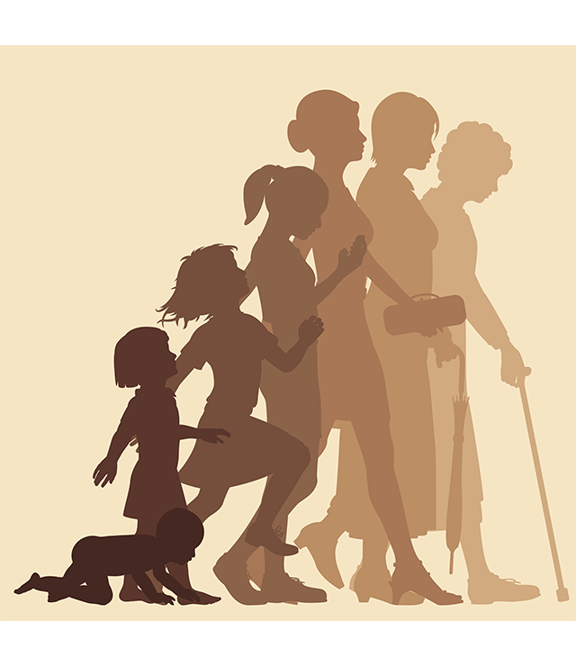 An illustration depicting a woman aging, from a baby to an elderly woman.