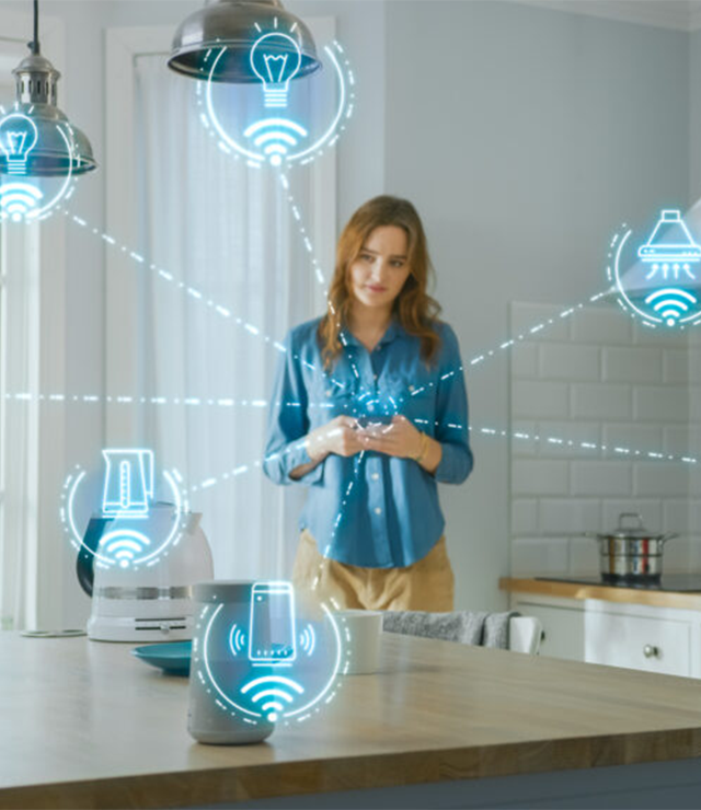 A graphic illustration showing a depiction of the Internet of Things within a women's home.