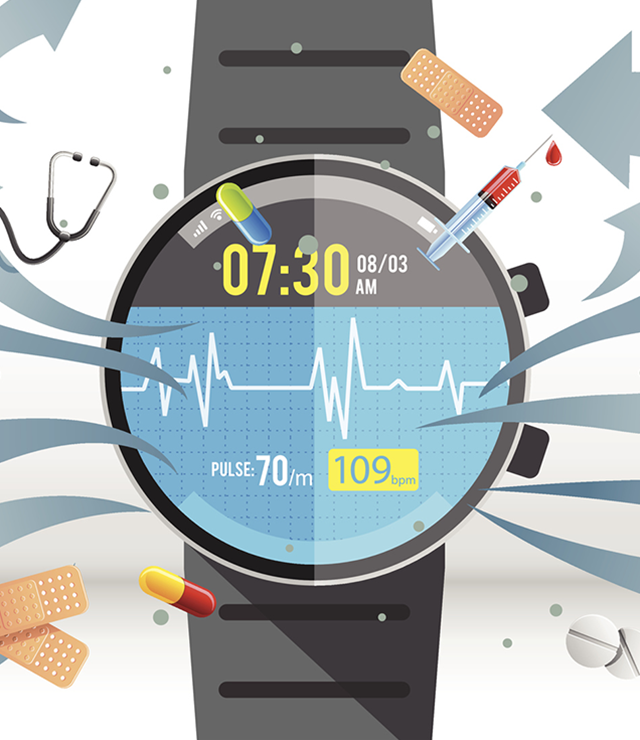 A graphic illustration of a smart watch and its various medical/health applications.